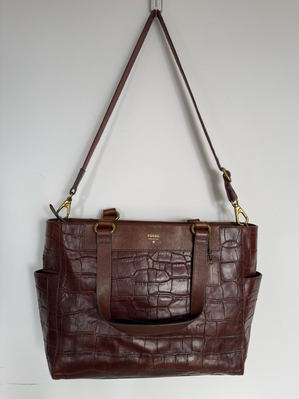 Fossil Croc-Embossed Leather Tote with Shoulder Strap NWT